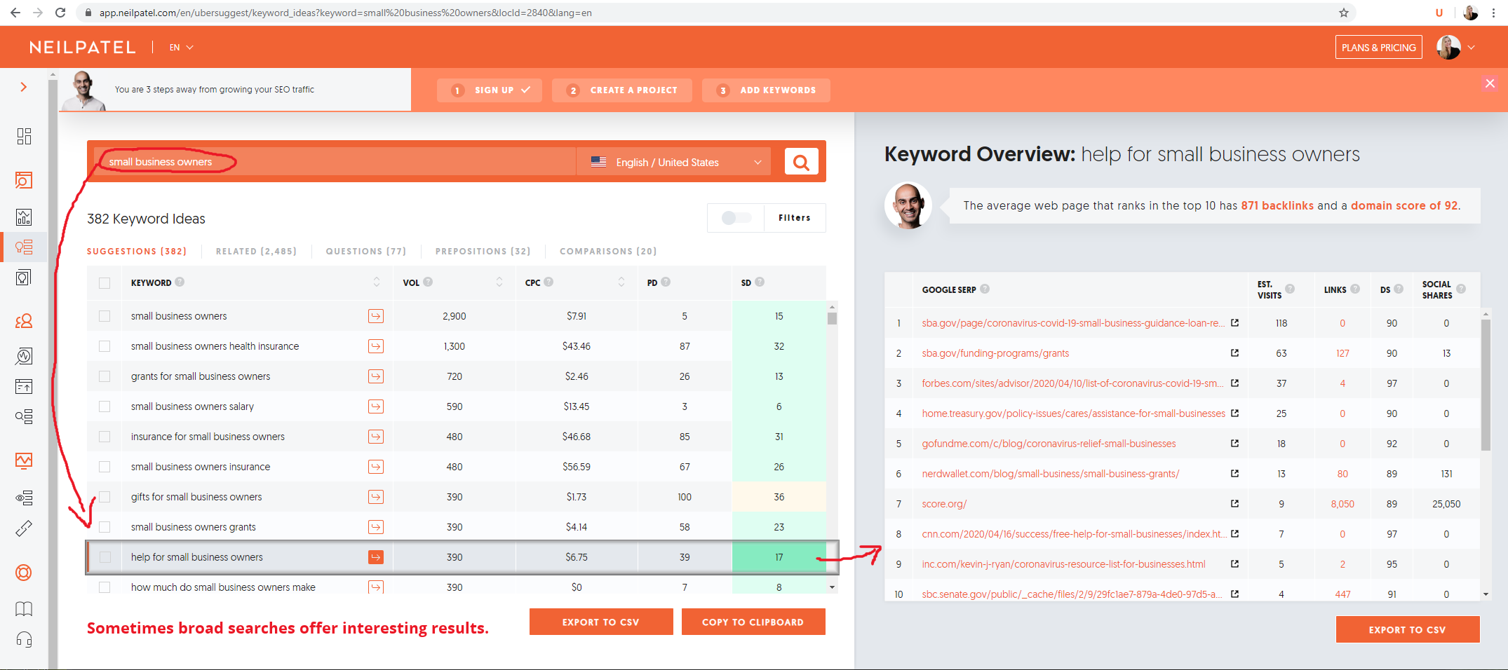 Ubersuggest -  small business owners example