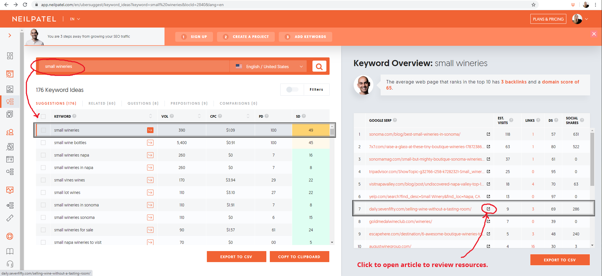 Ubersuggest - small wineries example